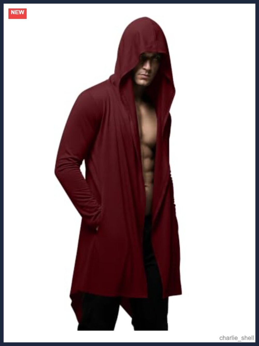 Men's Hooded Cardigan Lightweight Draped Shawl Cloak Open Front Longline